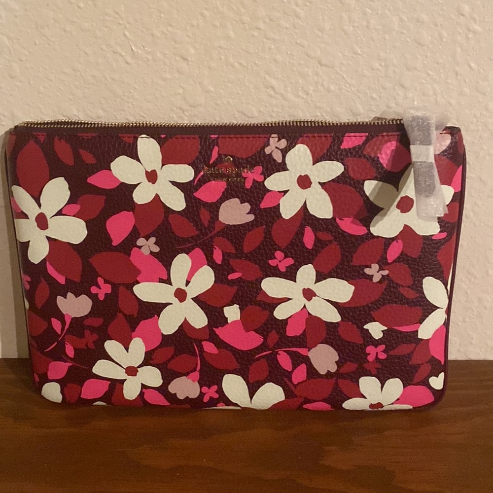 Kate Spade-Large Zip Pouch-WLRU6329-Jackson Forest Floral Pink Multi. Brand New